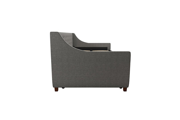 The Novogratz Her Majesty Daybed and Trundle is a royal game changer. This 3 in 1 piece can be used as a sofa, bed and guest bed, bringing functionality, versatility and style to your home. With a midcentury design, it features a backrest covered in elegant diamond tufted linen, stylish wingback arms and tapered brown legs. The Her Majesty daybed comes with a unique bentwood slat system that provides superior back support with excellent pressure distribution, without needing a foundation. Furthermore, the slats allow air to pass freely beneath your mattress, keeping it cool and fresh. The pull out trundle accommodates a standard size mattress (sold separately) and comes with casters that lock in place so your visits don’t slide away. Available in multiple colors, this daybed ships in one box and assembles easily. Get royal treatment with the Novogratz Her Majesty Daybed and Trundle!Midcentury design features a diamond tufted backrest with wingback arms and tapered brown legs | Made with a sturdy wood frame and upholstered in premium linen | Available in multiple colors | Pull out trundle with casters that lock in place | Accommodates two standard size mattresses (sold separately; maximum mattress height for the trundle is 6") | 1 year limited warranty | Assembly required