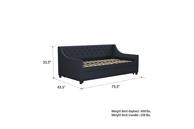 The Novogratz Her Majesty Daybed and Trundle is a royal game changer. This 3 in 1 piece can be used as a sofa, bed and guest bed, bringing functionality, versatility and style to your home. With a midcentury design, it features a backrest covered in elegant diamond tufted linen, stylish wingback arms and tapered brown legs. The Her Majesty daybed comes with a unique bentwood slat system that provides superior back support with excellent pressure distribution, without needing a foundation. Furthermore, the slats allow air to pass freely beneath your mattress, keeping it cool and fresh. The pull out trundle accommodates a standard twin size mattress (sold separately) and comes with casters that lock in place so your visits don’t slide away. Available in multiple colors, this daybed ships in one box and assembles easily. Get royal treatment with the Novogratz Her Majesty Daybed and Trundle!Midcentury design features a diamond tufted backrest with wingback arms and tapered brown legs | Made with a sturdy wood frame and upholstered in premium linen | Available in multiple colors | Pull out trundle with casters that lock in place | Accommodates two standard twin size mattresses (sold separately; maximum mattress height for the trundle is 6") | 1 year limited warranty | Assembly required