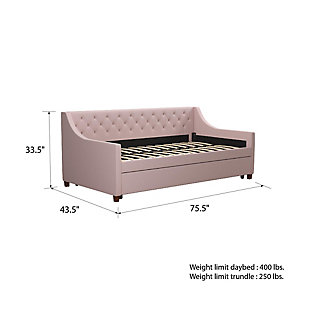 The Novogratz Her Majesty Daybed and Trundle is a royal game changer. This 3 in 1 piece can be used as a sofa, bed and guest bed, bringing functionality, versatility and style to your home. With a midcentury design, it features a backrest covered in elegant diamond tufted linen, stylish wingback arms and tapered brown legs. The Her Majesty daybed comes with a unique bentwood slat system that provides superior back support with excellent pressure distribution, without needing a foundation. Furthermore, the slats allow air to pass freely beneath your mattress, keeping it cool and fresh. The pull out trundle accommodates a standard twin size mattress (sold separately) and comes with casters that lock in place so your visits don’t slide away. Available in multiple colors, this daybed ships in one box and assembles easily. Get royal treatment with the Novogratz Her Majesty Daybed and Trundle!Midcentury design features a diamond tufted backrest with wingback arms and tapered brown legs | Made with a sturdy wood frame and upholstered in premium linen | Available in multiple colors | Pull out trundle with casters that lock in place | Accommodates two standard twin size mattresses (sold separately; maximum mattress height for the trundle is 6") | 1 year limited warranty | Assembly required