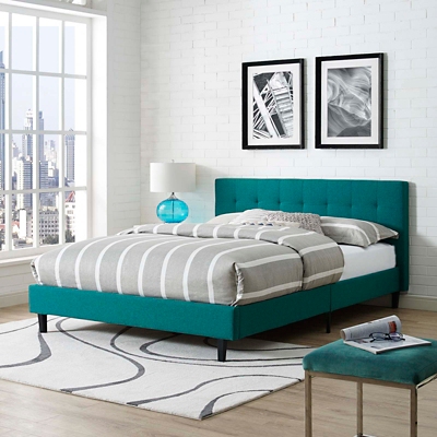 Linnea Queen Fabric Platform Bed, Teal