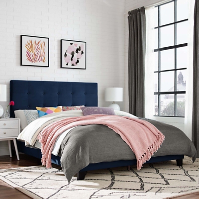Melanie Queen Tufted Button Upholstered Velvet Platform Bed, Midnight Blue, rollover