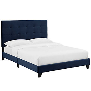 Melanie Queen Tufted Button Upholstered Velvet Platform Bed, Midnight Blue, large