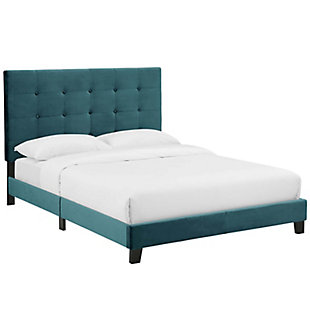 Melanie Queen Tufted Button Upholstered Velvet Platform Bed, Sea Blue, large