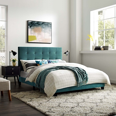 Melanie King Tufted Button Upholstered Velvet Platform Bed, Sea Blue