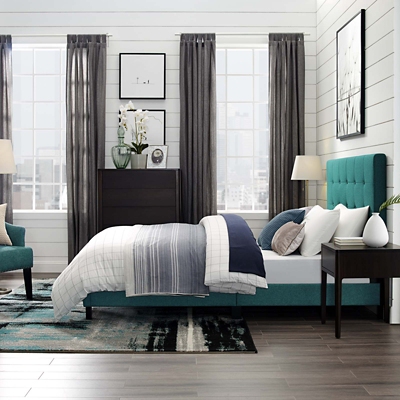 Melanie Queen Tufted Button Upholstered Platform Bed, Teal, rollover