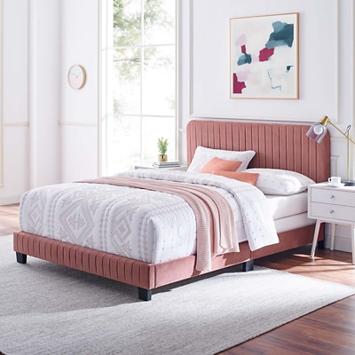 Celine Channel Tufted Velvet Queen Bed, Dusty Rose