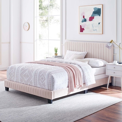 Celine Channel Tufted Velvet Queen Bed, Pink, rollover