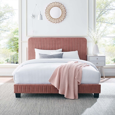 Celine Channel Tufted Velvet Queen Platform Bed, Dusty Rose, rollover