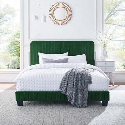 Celine Channel Tufted Velvet Platform Bed, Emerald