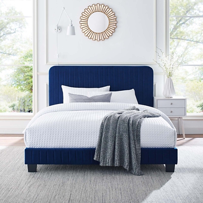 Celine Channel Tufted Velvet Queen Platform Bed, Navy