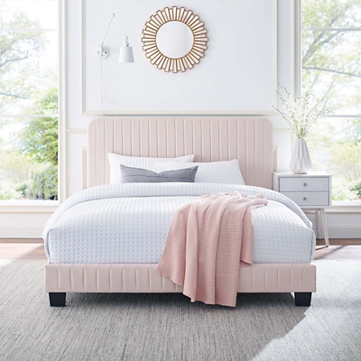 Celine Channel Tufted Velvet Queen Platform Bed, Pink, rollover