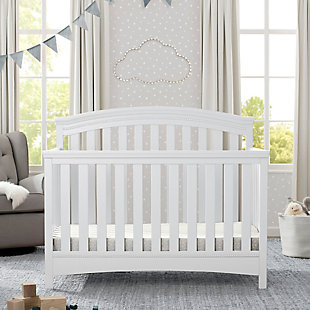 You'll love the Emerson 4-in-1 Convertible Crib from Delta Children for its classic design and subtle traditional details that work with any décor. Featuring an arched silhouette with airy slats around all sides and bead detailing on the headboard and footboard, this stylish crib will help you create a restful and beautiful nursery. Designed to grow along side your child, this strong and sturdy crib has three mattress height positions that allow you to lower the crib as your little one matures, plus it converts into a toddler bed, daybed and full size bed (Toddler Guardrail and Full Size Bed Rails sold separately). Epitomizing timeless style, the Emerson 4-in-1 Convertible Crib will be the centerpiece of your child's space at any age. To complete the look, pair with the coordinating Emerson 3 Drawer Dresser with Changing Top (sold separately).CONVERTIBLE CRIB: Converts from a crib to a toddler bed, daybed and full size bed with headboard and footboard (Daybed Rail included) | GROWS WITH BABY: The 3-position mattress height adjustment on this crib allows you to lower the mattress as your baby begins to sit or stand | BUILT TO LAST: Strong and sturdy wood construction helps create a dream nursery where you'll spend plenty of Mommy and Me/Daddy and Me time. Easy assembly | WE PUT YOUR BABY'S SAFETY FIRST: This crib is JPMA certified to meet or exceed all safety standards set by the CPSC and ASTM. Tested for lead and other toxic elements to meet or exceed government and ASTM safety standards | SIZE: 55"W x 30.25"D x 45.25"H. Fits standard size crib mattress (sold separately)