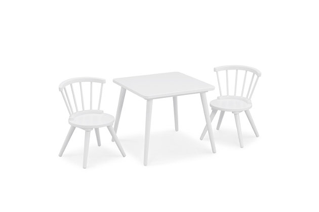 Create a fun and inspiring spot for crafts, homework or snack time with the Windsor Table and 2 Chair Set by Delta Children. Perfectly sized for young children, this practical play table features a spacious square tabletop and two coordinating chairs with vertical spokes and curved backs. Constructed from strong and sturdy wood, this long-lasting table and chair set complements any child's bedroom or playroom and is stylish enough to be placed in shared living spaces. To add two additional seats to this table, please purchase the Delta Children Windsor 2-Piece Chair Set (sold separately). Delta Children was founded around the idea of ma safe, high-quality children's furniture affordable for all families. They know there's nothing more important than safety when it comes to your child's space. That's why all Delta Children products are built with long-lasting materials to ensure they stand up to years of jumping and playing. Plus, they are rigorously tested to meet or exceed all industry safety standards.WHAT'S INCLUDED: Set includes 1 table and 2 chairs Ideal for arts and crafts, puzzles, reading and more | SAFE OPTION: We know chemicals have no place in your house, so we use a non-toxic multi-step painting process. Tested for lead and other toxic elements to meet or exceed government and ASTM safety standards | COORDINATING ITEMS: Will coordinate with any décor in any room in the home. Available in a variety of colors. Pair with Delta Children Windsor 2-Piece Chair Set (sold separately) to fit 4 chairs at table | QUALITY MATERIAL: Made of sustainable woods like Rubberwood and TSCA engineered wood. For indoor use only. Durable and easy to clean finish; wipe with damp cloth and dry immediately | SIZE: Assembled Dimensions: Table: 24.50"W x 24.50"D x 21"H. Chair: 16.25"W x 15.5"D x 22.75"H . Seat height: 12"H
