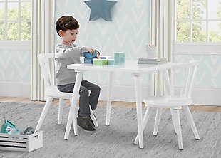 Create a fun and inspiring spot for crafts, homework or snack time with the Windsor Table and 2 Chair Set by Delta Children. Perfectly sized for young children, this practical play table features a spacious square tabletop and two coordinating chairs with vertical spokes and curved backs. Constructed from strong and sturdy wood, this long-lasting table and chair set complements any child's bedroom or playroom and is stylish enough to be placed in shared living spaces. To add two additional seats to this table, please purchase the Delta Children Windsor 2-Piece Chair Set (sold separately). Delta Children was founded around the idea of making safe, high-quality children's furniture affordable for all families. They know there's nothing more important than safety when it comes to your child's space. That's why all Delta Children products are built with long-lasting materials to ensure they stand up to years of jumping and playing. Plus, they are rigorously tested to meet or exceed all industry safety standards.WHAT'S INCLUDED: Set includes 1 table and 2 chairs Ideal for arts and crafts, puzzles, reading and more | SAFE OPTION: We know chemicals have no place in your house, so we use a non-toxic multi-step painting process. Tested for lead and other toxic elements to meet or exceed government and ASTM safety standards | COORDINATING ITEMS: Will coordinate with any décor in any room in the home. Available in a variety of colors. Pair with Delta Children Windsor 2-Piece Chair Set (sold separately) to fit 4 chairs at table | QUALITY MATERIAL: Made of sustainable woods like Rubberwood and TSCA engineered wood. For indoor use only. Durable and easy to clean finish; wipe with damp cloth and dry immediately | SIZE: Assembled Dimensions: Table: 24.50"W x 24.50"D x 21"H. Chair: 16.25"W x 15.5"D x 22.75"H . Seat height: 12"H