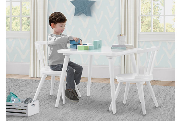 Create a fun and inspiring spot for crafts, homework or snack time with the Windsor Table and 2 Chair Set by Delta Children. Perfectly sized for young children, this practical play table features a spacious square tabletop and two coordinating chairs with vertical spokes and curved backs. Constructed from strong and sturdy wood, this long-lasting table and chair set complements any child's bedroom or playroom and is stylish enough to be placed in shared living spaces. To add two additional seats to this table, please purchase the Delta Children Windsor 2-Piece Chair Set (sold separately). Delta Children was founded around the idea of making safe, high-quality children's furniture affordable for all families. They know there's nothing more important than safety when it comes to your child's space. That's why all Delta Children products are built with long-lasting materials to ensure they stand up to years of jumping and playing. Plus, they are rigorously tested to meet or exceed all industry safety standards.WHAT'S INCLUDED: Set includes 1 table and 2 chairs Ideal for arts and crafts, puzzles, reading and more | SAFE OPTION: We know chemicals have no place in your house, so we use a non-toxic multi-step painting process. Tested for lead and other toxic elements to meet or exceed government and ASTM safety standards | COORDINATING ITEMS: Will coordinate with any décor in any room in the home. Available in a variety of colors. Pair with Delta Children Windsor 2-Piece Chair Set (sold separately) to fit 4 chairs at table | QUALITY MATERIAL: Made of sustainable woods like Rubberwood and TSCA engineered wood. For indoor use only. Durable and easy to clean finish; wipe with damp cloth and dry immediately | SIZE: Assembled Dimensions: Table: 24.50"W x 24.50"D x 21"H. Chair: 16.25"W x 15.5"D x 22.75"H . Seat height: 12"H
