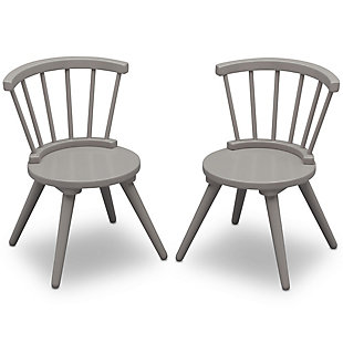 Have a seat (or two) with this Windsor 2-Piece Chair Set by Delta Children. These sturdy wooden chairs are designed in a traditional style and feature a recognizable Windsor silhouette with vertical spokes and curved backs. Sized just right for your growing child, the 12-inch seat height of these kids' chairs ensure they can be used for many years. To complete your play space, pair these chairs with the Windsor Table and Chair Set (sold separately) or any other play table of your choice. Delta Children was founded around the idea of making safe, high-quality children's furniture affordable for all families. They know there's nothing more important than safety when it comes to your child's space. That's why all Delta Children products are built with long-lasting materials to ensure they stand up to years of jumping and playing. Plus, they are rigorously tested to meet or exceed all industry safety standards.WHAT'S INCLUDED: Set includes 2 chairs | SAFE OPTION: We know chemicals have no place in your house, so we use a non-toxic multi-step painting process. Tested for lead and other toxic elements to meet or exceed government and ASTM safety standards | COORDINATING ITEMS: Pair this 2 pc chair set with the Windsor Table  and Chair Set and invite your friends. Available in a variety of colors | QUALITY MATERIAL: Made of sustainable woods like Rubberwood and TSCA engineered wood. For indoor use only. Durable and easy to clean finish; wipe with damp cloth and dry immediately | SIZE: Assembled Dimensions:  16.25"W x 15.5"D x 22.75"H. Seat height: 12"H