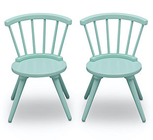 Have a seat (or two) with this Windsor 2-Piece Chair Set by Delta Children. These sturdy wooden chairs are designed in a traditional style and feature a recognizable Windsor silhouette with vertical spokes and curved backs. Sized just right for your growing child, the 12-inch seat height of these kids' chairs ensure they can be used for many years. To complete your play space, pair these chairs with the Windsor Table and Chair Set (sold separately) or any other play table of your choice. Delta Children was founded around the idea of making safe, high-quality children's furniture affordable for all families. They know there's nothing more important than safety when it comes to your child's space. That's why all Delta Children products are built with long-lasting materials to ensure they stand up to years of jumping and playing. Plus, they are rigorously tested to meet or exceed all industry safety standards.WHAT'S INCLUDED: Set includes 2 chairs | SAFE OPTION: We know chemicals have no place in your house, so we use a non-toxic multi-step painting process. Tested for lead and other toxic elements to meet or exceed government and ASTM safety standards | COORDINATING ITEMS: Pair this 2 pc chair set with the Windsor Table  and Chair Set and invite your friends. Available in a variety of colors | QUALITY MATERIAL: Made of sustainable woods like Rubberwood and TSCA engineered wood. For indoor use only. Durable and easy to clean finish; wipe with damp cloth and dry immediately | SIZE: Assembled Dimensions:  16.25"W x 15.5"D x 22.75"H. Seat height: 12"H