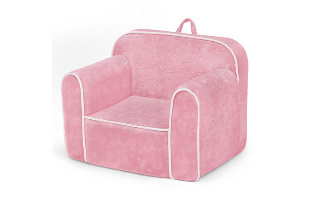 Cozy up to Serta's Perfect Sleeper Foam Chair for Kids. A snuggly spot for reading, watching TV or just hanging out, this supremely comfy chair features a velvety slipcover with embossed sheep pattern that adds texture and comfort, plus it's removable and machine washable for easy cleaning. Perfect for the playroom, living room or your child's bedroom, this kids' foam chair goes anywhere they do--the lightweight design with handle on top is easy to move from room to room. Recommended for ages 18 months+.SO COZY: This kids' foam chair features a super-soft velvety slipcover with embossed sheep pattern that adds texture and comfort. Lightweight design with handle is easy to move from room to room | EASY TO CLEAN: Removable and machine washable slipcover zips off for easy cleaning | USE IT ANYWHERE: Kids can use this foam chair anywhere for anything, whether its reading, playing video games, watching tv, or just relaxing, this chair will keep them comfortable the entire time | PERFECT SIZE: Assembled dimensions: 25"W x 18"D x 20.5"H. Seat Size: 13"L x 15"W. Assembly required; foam inserts easily slip into the fabric cover. Recommended for ages 18 months+ | SAFE OPTION: This comfy kids' chair meets or exceeds all safety standards