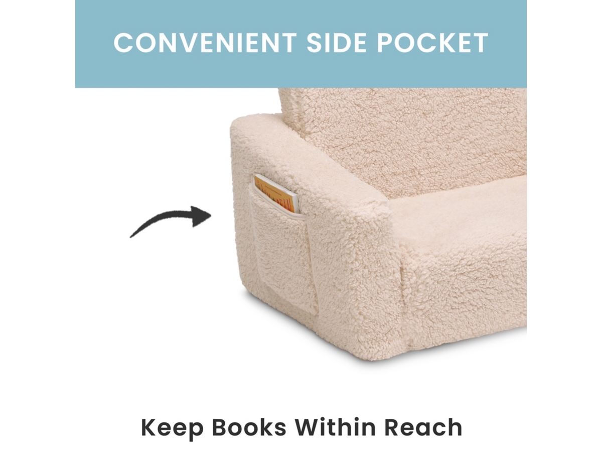 Delta Children Cozee Flip-Out Sherpa 2-in-1 Convertible Chair to Lounger for Kids, White, large