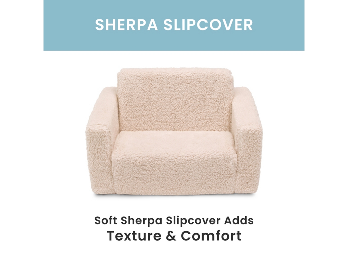 Delta Children Cozee Flip-Out Sherpa 2-in-1 Convertible Chair to Lounger for Kids, White, large