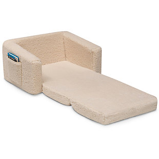The Cozee Flip-Out Sherpa 2-in-1 Convertible Chair to Lounger by Delta Children is a cozy chair by day, laid-back lounger by night. This convertible seat easily flips open to reveal multiple ways for your child to relax--they'll love to sit and read or watch their favorite movies on the chair but when it's time for a nap, this seat folds out into a comfy sleeper bed. Big enough to fit two small kids comfortably in chair mode, it's light enough to move around the house and is ideal for your children to share during playtime or sleepovers. The super-soft Sherpa slipcover with easy-to-reach side pocket creates the ultimate retreat for your little one. The supportive foam construction will keep its shape and provides all-day comfort. Designed to ship in a super-small box, this lightweight foam kids' chair and lounger may take up to 24 hours to fully expand once unboxed. Machine-washable slipcover zips off for easy cleaning. Recommended for ages 18 months+. Delta Children was founded around the idea of making safe, high-quality children's furniture affordable for all families. They know there's nothing more important than safety when it comes to your child's space. That's why all Delta Children products are built with long-lasting materials to ensure they stand up to years of jumping and playing. Plus, they are rigorously tested to meet or exceed all industry safety standards.CONVERTIBLE 2-IN-1 DESIGN: This flip-open chair converts to a lounger/sleeper. Ideal for reading, relaxing, playing or sleeping, your child will enjoy this chair with siblings/friends. Recommended for ages 18 months+. Fits 1 to 2 small kids | COMFY FOAM CONSTRUCTION: Supportive foam keeps its shape and provides all-day comfort. Soft and durable slipcover features side pocket to keep books/tablet within reach. Lightweight chair is portable, great for bedrooms, playrooms, gaming or studying | SUPER-COZY SHERPA: This flip open chair features a super-soft Sherpa slipcover that adds texture and comfort. Chair features a machine-washable slipcover that zips off | CHILD-SAFE ZIPPER: To prevent kids from opening the chair, we use a childproof safety zipper that comes without a pull, it can only be opened using a paperclip. Chair meets or exceeds government and ASTM safety standards | EASY TO UNBOX: Ships in a super-small box. Assembly required. Once unboxed chair expands 5x (may take 24 hours to fully expand). Chair: 23.5"W x 16.5"D x 15"H. Lounger Flipped Open: 23.5"W x 40.5"D x 15"H