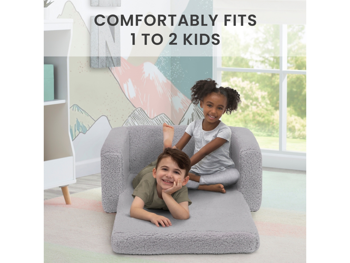 Delta Children Cozee Flip-Out Sherpa 2-in-1 Convertible Chair to Lounger for Kids, Black/Gray, large