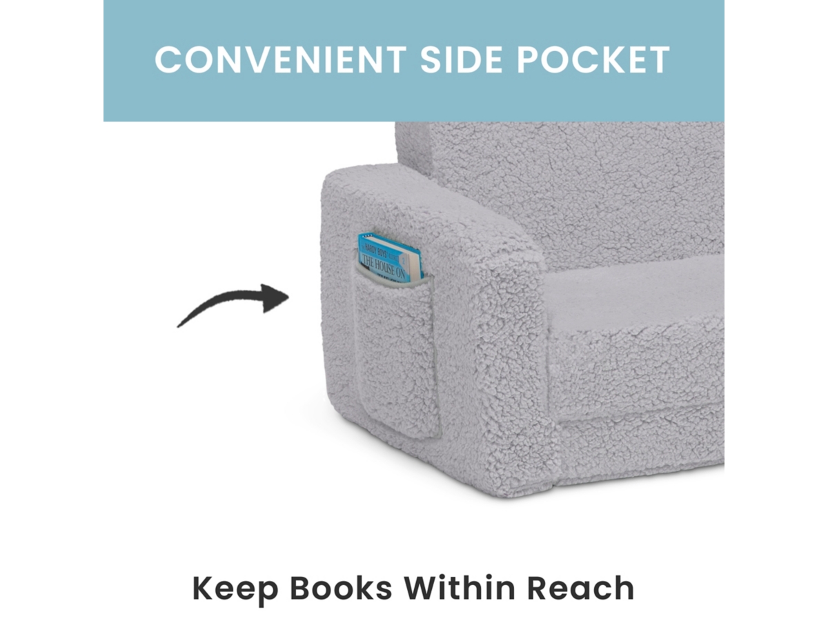 Delta Children Cozee Flip-Out Sherpa 2-in-1 Convertible Chair to Lounger for Kids, Black/Gray, large