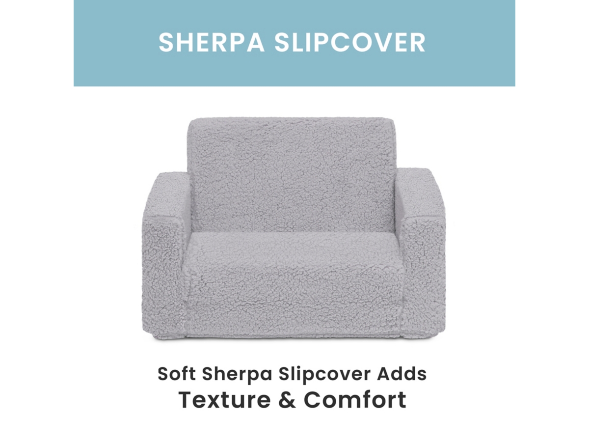 Delta Children Cozee Flip-Out Sherpa 2-in-1 Convertible Chair to Lounger for Kids, Black/Gray, large