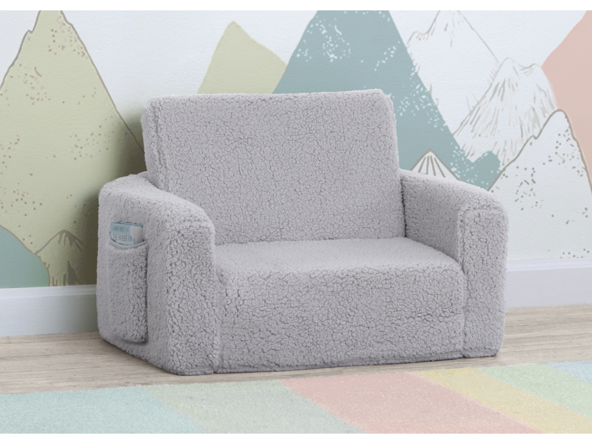 Delta Children Cozee Flip-Out Sherpa 2-in-1 Convertible Chair to Lounger for Kids, Black/Gray, large