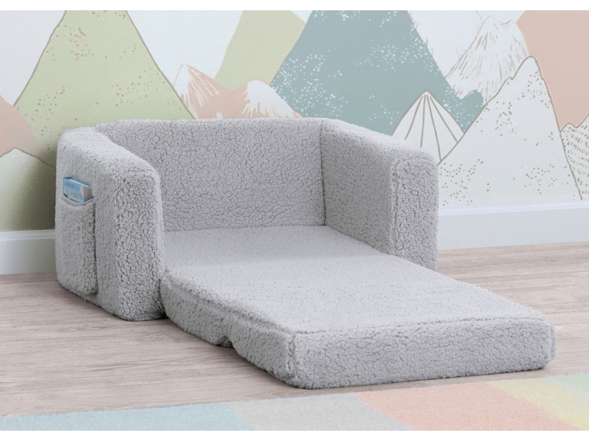 Delta Children Cozee Flip-Out Sherpa 2-in-1 Convertible Chair to Lounger for Kids, Black/Gray, large