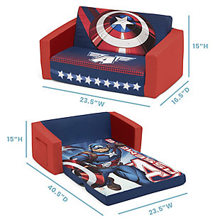 The Marvel Avengers Cozee Flip-Out Sofa by Delta Children is a cozy sofa by day, laid-back lounger by night. This convertible seat easily flips open for multiple ways for your child to relax--they'll love to sit and read or watch their favorite movies on the sofa but when it's time for a nap, this seat folds out into a comfy sleeper bed. Plus, when the chair is flipped open it magically reveals Captain America with his shield. Big enough to 2 to 3 small kids comfortably in sofa mode, it's light enough to move around the house and is ideal for your children to share during playtime or sleepovers. The super-soft slipcover with easy-to-reach side pocket is treated with a Scotchgard stain release finish to resist stains, ensuring the chair looks beautiful for years to come! The supportive foam construction will keep its shape and provides all-day comfort. Designed to ship in a super-small box, this lightweight foam kids' sofa and lounger may take up to 24 hours to fully expand once unboxed. Machine-washable slipcover zips off for easy cleaning. Recommended for ages 18 months+. About Avengers: Earth's Mightiest Heroes joined forces to take on threats that were too big for any one hero to tackle. With a roster that has included Captain America, Iron Man, Ant-Man, Hulk, Thor, Wasp and dozens more over the years, the Avengers have come to be regarded as Earth's No. 1 team. Create your own epic Marvel adventures with kids' furniture from Delta Children.CONVERTIBLE 2-IN-1 DESIGN: This flip-open sofa converts to a lounger/sleeper. Ideal for reading, relaxing, playing or sleeping, your child will enjoy this sofa with siblings/friends. Recommended for ages 18 months+. Fits 2 to 3 small kids | COMFY FOAM CONSTRUCTION: Supportive foam keeps its shape and provides all-day comfort. Soft and durable slipcover features side pocket to keep books/tablet within reach. Lightweight sofa is portable, great for bedrooms, playrooms, gaming or studying | STAIN-RESISTANT: Keep sofa looking new with the built-in Scotchgard stain release finish that helps most stains wash out during normal laundering. Sofa features a machine-washable slipcover that zips off | CHILD-SAFE ZIPPER: To prevent kids from opening the sofa, we use a childproof safety zipper that comes without a pull, it can only be opened using a paperclip. Sofa meets or exceeds government and ASTM safety standards | EASY TO UNBOX: Sofa in a super-small box. Assembly required. Once unboxed sofa expands 5x (may take 24 hours to fully expand). Sofa: 30"W x 16.5"D x 15"H. Lounger Flipped Open: 30"W x 40.5"D x 15"H