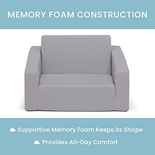 Serta's iComfort Memory Foam Flip-Out 2-in-1 Convertible Chair to Lounger for Kids is a cozy chair by day, laid-back lounger by night. This convertible seat easily flips open to reveal multiple ways for your child to relax--they'll love to sit and read or watch their favorite movies on the chair but when it's time for a nap, this seat folds out into a comfy sleeper bed. Big enough to fit two small kids comfortably in chair mode, it's light enough to move around the house and is ideal for your children to share during playtime or sleepovers. The quilted iComfort slipcover with easy-to-reach side pocket creates the ultimate retreat for your little one. The supportive memory foam construction will keep its shape and provides all-day comfort. Designed to ship in a super-small box, this lightweight foam kids' chair and lounger may take up to 24 hours to fully expand once unboxed. Machine-washable slipcover zips off for easy cleaning. Recommended for ages 18 months+.CONVERTIBLE 2-IN-1 DESIGN: This flip-open chair converts to a lounger/sleeper. Ideal for reading, relaxing, playing or sleeping, your child will enjoy this chair with siblings/friends. Recommended for ages 18 months+. Fits 1 to 2 small kids | MEMORY FOAM CONSTRUCTION: Supportive memory foam keeps its shape and provides all-day comfort. Soft and durable slipcover features side pocket for books/tablet. Lightweight chair is portable, great for bedrooms, playrooms, gaming or studying | QUILTED COVER: This flip open chair features a quilted iComfort cover. Chair features a machine-washable slipcover that zips off | CHILD-SAFE ZIPPER: To prevent kids from opening the chair, we use a childproof safety zipper that comes without a pull, it can only be opened using a paperclip. Chair meets or exceeds government and ASTM safety standards | EASY TO UNBOX: Ships in a super-small box. Assembly required. Once unboxed chair expands 5x (may take 24 hours to fully expand). Chair: 23.5"W x 16.5"D x 15"H. Lounger Flipped Open: 23.5"W x 40.5"D x 15"H