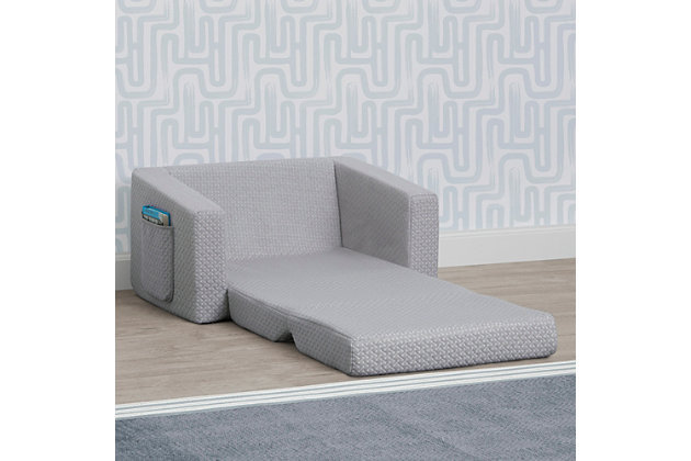 Serta's iComfort Memory Foam Flip-Out 2-in-1 Convertible Chair to Lounger for Kids is a cozy chair by day, laid-back lounger by night. This convertible seat easily flips open to reveal multiple ways for your child to relax--they'll love to sit and read or watch their favorite movies on the chair but when it's time for a nap, this seat folds out into a comfy sleeper bed. Big enough to fit two small kids comfortably in chair mode, it's light enough to move around the house and is ideal for your children to share during playtime or sleepovers. The quilted iComfort slipcover with easy-to-reach side pocket creates the ultimate retreat for your little one. The supportive memory foam construction will keep its shape and provides all-day comfort. Designed to ship in a super-small box, this lightweight foam kids' chair and lounger may take up to 24 hours to fully expand once unboxed. Machine-washable slipcover zips off for easy cleaning. Recommended for ages 18 months+.CONVERTIBLE 2-IN-1 DESIGN: This flip-open chair converts to a lounger/sleeper. Ideal for reading, relaxing, playing or sleeping, your child will enjoy this chair with siblings/friends. Recommended for ages 18 months+. Fits 1 to 2 small kids | MEMORY FOAM CONSTRUCTION: Supportive memory foam keeps its shape and provides all-day comfort. Soft and durable slipcover features side pocket for books/tablet. Lightweight chair is portable, great for bedrooms, playrooms, gaming or studying | QUILTED COVER: This flip open chair features a quilted iComfort cover. Chair features a machine-washable slipcover that zips off | CHILD-SAFE ZIPPER: To prevent kids from opening the chair, we use a childproof safety zipper that comes without a pull, it can only be opened using a paperclip. Chair meets or exceeds government and ASTM safety standards | EASY TO UNBOX: Ships in a super-small box. Assembly required. Once unboxed chair expands 5x (may take 24 hours to fully expand). Chair: 23.5"W x 16.5"D x 15"H. Lounger Flipped Open: 23.5"W x 40.5"D x 15"H