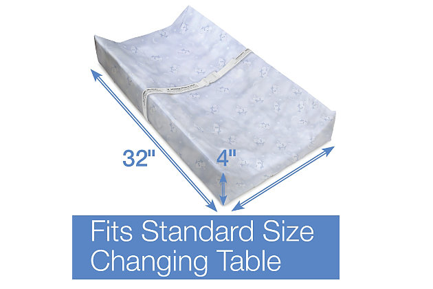 The supportive and secure Serta 3-Sided Contoured Changing Pad provides a cozy place for baby to relax during diaper changes. Gently curved edges and a safety strap keep your little one in place while the foam core ensures long-lasting comfort. Topped with a waterproof and hypoallergenic cover that features an adorable sheep pattern, this changing pad is easy to wipe clean. The Contoured Changing Pad by Serta is designed to fit most changing pad covers, dressers and changing tables, and securely attaches to furniture with fabric straps underneath the pad.COMPLETELY WATERPROOF and HYPOALLERGENIC: Waterproof cover is hypoallergenic and easy to wipe clean; Offers protection from moisture, spills and messes during diaper changes, feedings and more | RIGOROUSLY TESTED AND CERTIFIED: This CertiPUR-US certified changing pad is made without PBDE fire retardants, lead, formaldehyde and other harmful materials | COMFORTABLE DESIGN: The pad's foam core provides a sturdy and comfortable surface; Cover features an adorable sheep pattern; Safety straps and 3 contoured sides keep baby securely in place while dressing them or changing their diaper | ATTACHES SECURELY: Fabric straps with screws are included to securely attach the changing pad to your dresser or changing table; Non-slip bottom helps prevent sliding | SIZE: 32"L x 16"W x 4"H. Fits standard size changing tables