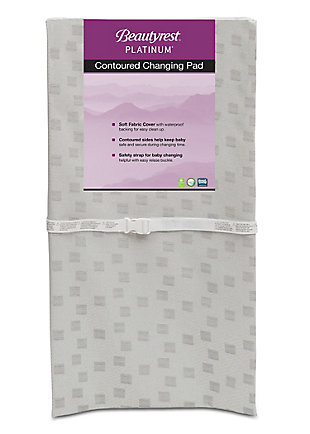 Your baby will be comfortable and safe come changing time with the Beautyrest Platinum Contoured Changing Pad with Plush Cover! Made with a soft fabric cover with a waterproof backing, this easy-to-clean changing pad is durable enough for everyday use. The contoured sides gently cradle baby while the safety belt keeps them securely in place. Security tabs on the back of the pad keep it attached to furniture and the non-skid bottom helps so it won't slip or move. Get the Beautyrest Platinum Contoured Changing Pad with Plush Cover and turn any surface into a completely safe changing table or dressing station. Fits most changing tables. Beautyrest Platinum baby mattresses and changing pads are built with balance in mind, blending art and science for a more fulfilling sleep. All Beautyrest baby mattresses and changing pads are GREENGUARD Gold certified. Products that are GREENGUARD Gold Certified are low emitting, meaning they're built to ensure the air you and your family breathe is cleaner.AT THE CORE: Foam construction ensures comfort and stability | 2-SIDED DESIGN: 2 contoured sides gently cradle baby | WATERPROOF: Soft fabric cover provides soothing comfort and features a waterproof backing for easy cleanup | PERFECT FIT: Universal size fits most changing tables. Safety belt keeps Baby securely in place. Security tabs on the back of the pad attach it to furniture. Non-skid bottom helps keep it in place | GREENGUARD Gold certified: recognizes products with low chemical emissions, contributing to healthier environments