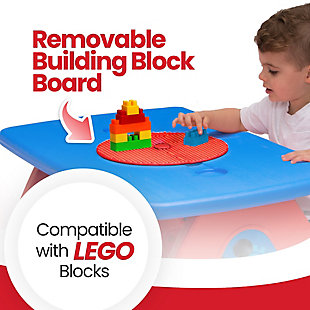 Be prepared for backyard barbecues and playdates with the Disney Mickey Mouse 4 Seat Activity Picnic Table with Umbrella and Lego Compatible Tabletop by Delta Children. Made from weather-resistant plastic, this durable picnic table sits four kids comfortably, and can be used outdoors or indoors for eating, playing, art activities or games--there are so many ways to use this sturdy picnic table! Colorful graphics of Mickey Mouse add playful style and the included umbrella provides much needed shade on sunny days while four built-in cupholders keep drinks securely in place. Designed to boast and encourage your child's imagination the table also features a removable building block board that is compatible with LEGO blocks (LEGO blocks not included). Easy to assemble, the table snaps together in minutes, so you'll be ready for fun in no time! About Mickey Mouse: Mickey, the world's most famous Mouse, has been delighting and inspiring Disney fans for generations! Always looking for an adventure and up for trying new things, his optimistic nature and friendly disposition are his greatest qualities.ROOM FOR 4: This spacious picnic table sits 4 kids comfortably (2 per bench). Ages 3+. Maximum weight per bench 130 lbs. (260 lbs. in total). 4 built-in cup holders in the center of the table make it ideal for eating, playing, games, and more | ACTIVITY FEATURE: Designed to boast and encourage your child's imagination this picnic table features a removable building block board that is compatible with LEGO blocks (LEGO blocks not included) | WEATHER RESISTANT: Table includes umbrella for shade on sunny days. Durable plastic construction is made to withstand years of indoor/outdoor use | EASY ASSEMBLY and STORAGE: Table snaps together in minutes. Table folds together neatly for portability and compact storage once disassembled. Assembled dimensions: 32.5"W x 34.25"D x 53.5"H | MICKEY MOUSE DESIGN: Colorful Mickey Mouse artwork and three-dimensional accents add playful style to this lovable picnic table
