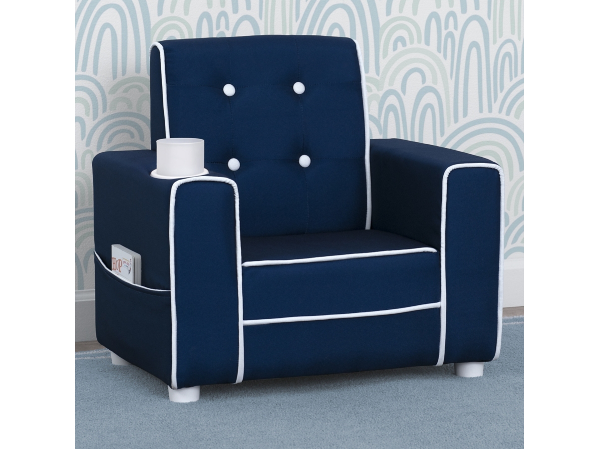 Delta Children Chelsea Kids Upholstered Chair with Cup Holder, Blue, large