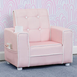 The Chelsea Kids Upholstered Chair with Cup Holder from Delta Children will give your little one a comfy place to read or relax. Button tufting on the back and contrasting piping adds grown-up style to this child-size chair while the built-in cup holder and storage pockets on the sides adds convenience. A chic addition to any children's bedroom, playroom or the living room, this chair is crafted with a sturdy wood base and a generous foam fill to ensure it is as comfortable as it is stylish. Chair coordinates with other items in the Chelsea Collection from Delta Children. Delta Children was founded around the idea of making safe, high-quality children's furniture affordable for all families. They know there's nothing more important than safety when it comes to your child's space. That's why all Delta Children products are built with long-lasting materials to ensure they stand up to years of jumping and playing. Plus, they are rigorously tested to meet or exceed all industry safety standards.AGE RANGE: Recommended for ages 18 months+ | EXTRA SPECIAL FEATURES: Built in cup holder keeps drinks from spilling; Storage pockets on both sides provide convenient storage for books or magazines | QUALITY CRAFTSMANSHIP: Chair features strong wood frame and durable polylinen upholstery with button tufting and contrasting piping | COMPLETE THE LOOK: Chair coordinates with other items in the Chelsea Collection from Delta Children | IDEAL SIZE: 21.75 Inches W X 16 Inches D X 21 Inches H; Seat size: 13.25 Inches W x 11 Inches D; Seat height: 9 Inches H ;EASY TO CLEAN: Wipe clean with mild soap and water