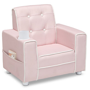 The Chelsea Kids Upholstered Chair with Cup Holder from Delta Children will give your little one a comfy place to read or relax. Button tufting on the back and contrasting piping adds grown-up style to this child-size chair while the built-in cup holder and storage pockets on the sides adds convenience. A chic addition to any children's bedroom, playroom or the living room, this chair is crafted with a sturdy wood base and a generous foam fill to ensure it is as comfortable as it is stylish. Chair coordinates with other items in the Chelsea Collection from Delta Children. Delta Children was founded around the idea of making safe, high-quality children's furniture affordable for all families. They know there's nothing more important than safety when it comes to your child's space. That's why all Delta Children products are built with long-lasting materials to ensure they stand up to years of jumping and playing. Plus, they are rigorously tested to meet or exceed all industry safety standards.AGE RANGE: Recommended for ages 18 months+ | EXTRA SPECIAL FEATURES: Built in cup holder keeps drinks from spilling; Storage pockets on both sides provide convenient storage for books or magazines | QUALITY CRAFTSMANSHIP: Chair features strong wood frame and durable polylinen upholstery with button tufting and contrasting piping | COMPLETE THE LOOK: Chair coordinates with other items in the Chelsea Collection from Delta Children | IDEAL SIZE: 21.75 Inches W X 16 Inches D X 21 Inches H; Seat size: 13.25 Inches W x 11 Inches D; Seat height: 9 Inches H ;EASY TO CLEAN: Wipe clean with mild soap and water