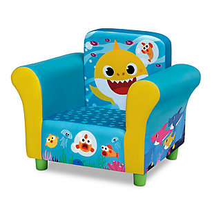 Baby shark, doo, doo, doo, doo, doo, doo! Kids who love the Baby Shark song will love this Baby Shark Upholstered Chair by Delta Children! A cozy toddler chair, it features a durable wood frame and colorful graphics of Baby Shark with all of his friends. A cozy chair made for all-day comfort, it's the ideal seat for reading, watching movies or just relaxing. About Baby Shark: Baby Shark and his best friend William take fun-filled comedic adventures in their community of Carnivore Cove, meeting new friends and singing catchy tunes along the way. Baby Shark, Doo, Doo, Doo, Doo, Doo, Doo.RECOMMENDED USE: 18 months+; Holds up to 100 lbs. | FOR BABY SHARK FANS: Vibrant and fun graphics make it a must-have for all Baby Shark fans | DURABLE CONSTRUCTION: features a hardwood frame and padded seat | EASY TO CLEAN: wipes easily clean with mild soap and water | SIZE: 22.5"W x 17.25"H x 16"D