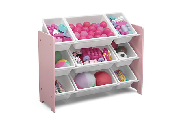 When playtime is done, the cleanup begins, and the MySize 9 Bin Plastic Toy Organizer from Delta Children makes it easier than ever to tidy up. Featuring nine (9) plastic storage bins in varying sizes, this toy organizer for kids is more versatile than traditional toy boxes, since kids can clearly view and select their favorite toys. The frame of this toy organizer is constructed from sturdy wood to ensure durability and encourage years of creative play. Available in a number of beautiful colors. Coordinates with other items in the MySize Collection from Delta Children. Delta Children was founded around the idea of making safe, high-quality children's furniture affordable for all families. They know there's nothing more important than safety when it comes your child's space. That's why all Delta Children products are built with long-lasing materials to ensure they stand up to years of jumping and playing. Plus, they are rigorously tested to meet or exceed all industry safety standards.AGE RANGE: Recommended for ages 3+ | A PLACE FOR EVERYTHING: Nine (9) plastic bins in varying sizes easily stow books, toys, art supplies or books | QUALITY CRAFTSMANSHIP: Frame is made from strong wood, bins are made of durable plastic | IDEAL SIZE: Assembled Dimensions: 33.375 inches W x 11.75 inches D x 23.5 inches H Small bins: 11.5 inches L x 7.75 inches W x 5 inches H Large bins: 15.25 inches L x 11.5 inches W x 5 inches H | 0
