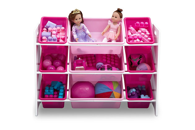 When playtime is done, the cleanup begins, and the MySize 9 Bin Plastic Toy Organizer from Delta Children makes it easier than ever to tidy up. Featuring nine (9) plastic storage bins in varying sizes, this toy organizer for kids is more versatile than traditional toy boxes, since kids can clearly view and select their favorite toys. The frame of this toy organizer is constructed from sturdy wood to ensure durability and encourage years of creative play. Available in a number of beautiful colors. Coordinates with other items in the MySize Collection from Delta Children. Delta Children was founded around the idea of making safe, high-quality children's furniture affordable for all families. They know there's nothing more important than safety when it comes your child's space. That's why all Delta Children products are built with long-lasing materials to ensure they stand up to years of jumping and playing. Plus, they are rigorously tested to meet or exceed all industry safety standards.AGE RANGE: Recommended for ages 3+ | A PLACE FOR EVERYTHING: Nine (9) plastic bins in varying sizes easily stow books, toys, art supplies or books | QUALITY CRAFTSMANSHIP: Frame is made from strong wood, bins are made of durable plastic | IDEAL SIZE: Assembled Dimensions: 33.375 inches W x 11.75 inches D x 23.5 inches H; Small bins: 11.5 inches L x 7.75 inches W x 5 inches H Large bins: 15.25 inches L x 11.5 inches W x 5 inches H | 0