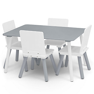 A must-have for playtime, crafting time or just about any activity, this Kids Table and Chair Set from Delta Children is oh-so sturdy and sized just right for growing children. Not only does it provide the perfect place for little ones to play but it also comes with four chairs so all their friends can share in the fun. The sleek design and contrasting colored chairs with grooved detailing on the backs effortlessly complements any decor. It's a kids' table that's fit for shared spaces, playrooms, kids' bedrooms, basically any room in the house. Constructed for some serious play, this table and chair set is made from sturdy wood for long-lasting use. Delta Children was founded around the idea of making safe, high-quality children's furniture affordable for all families. They know there's nothing more important than safety when it comes to your child's space. That's why all Delta Children products are built with long-lasting materials to ensure they stand up to years of jumping and playing. Plus, they are rigorously tested to meet or exceed all industry safety standards.PERFECT PLAYROOM FURNITURE: Set includes one (1) play table and four (4) chairs | RECOMMENDED AGES: For children 3+ | QUALITY CRAFTSMANSHIP: Made from strong and sturdy wood | IDEAL SIZE: Table: 31.5 Inches W x 23.5 Inches D x 17.5 Inches H; Chairs: 10.5 Inches L x 11.5 Inches W x 19.5 Inches H | IDEAL SIZE: Table: 31.5 Inches W x 23.5 Inches D x 17.5 Inches H; Chairs: 10.5 Inches L x 11.5 Inches W x 19.5 Inches H