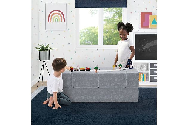 It's a sofa! It's a play mat! It's a fort! The Serta Perfect Sleeper Convertible Foam Sofa and Play Set can be whatever your child imagines. The sofa's convertible design with two included ottomans allows your little one to use it in so many ways. Use it as a sofa to watch TV, flip it open to use as a play mat or move the parts to configure a puppet theater, castle, ball pit or obstacle course. This modular play couch made up of three foam pieces will give kids hours of entertainment and encourage imaginative play while helping improve gross motor skills. The perfect addition to your child's bedroom or playroom, the sofa's sturdy foam base and velvety soft slipcover with a storage pocket and embossed Serta sheep print is a super-safe play structure. Slipcovers are removable and machine washable. Recommended for ages 18 months and up.CONVERTIBLE SOFA: Use as a sofa, flip open to use as a play mat for naptime or move the parts to configure a puppet theater, castle, ball pit, obstacle course and more. Includes 2 ottomans. Storage pocket on the side to keep books or tablet close | HOURS OF IMAGINATIVE PLAY: The sofa's unlimited configurations will keep kids entertained for hours. Helps stimulate and improve your child's gross motor skills and coordination | SOFT AND DURABLE: The sofa's foam core stands up to years of play. Provides a soft, low-impact surface for kids to jump, climb, and fall on with no harmful hard edges or sharp corners. Sofa meets or exceeds government and ASTM safety standards | EASY TO CLEAN/SETUP: The velvety slipcovers embossed with a Serta sheep print are removable and machine washable. Sofa ships compressed in a super-small box for easy setup. Assembly required. Once unboxed sofa may take 24 hours to fully expand | SIZE: Sofa: 20"L x 40"W x 16"H. Flipped Out Into Play Mat: 40"L x 40"W x 8"H. Ottomans: 14"L x 14"W x 8"H. Recommended for ages 18 months +. Holds up to 200 lbs.