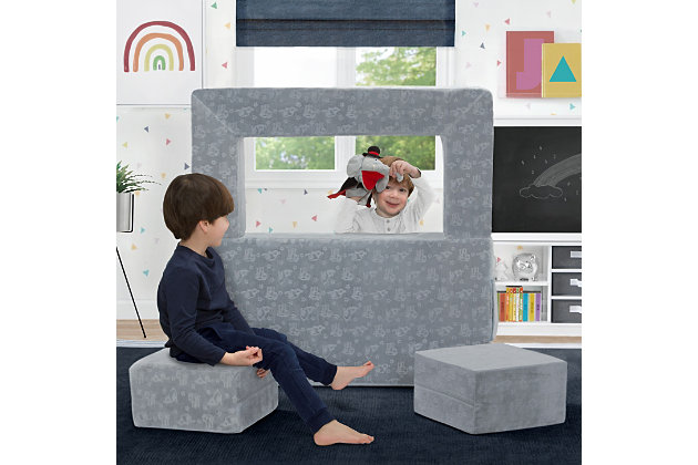 It's a sofa! It's a play mat! It's a fort! The Serta Perfect Sleeper Convertible Foam Sofa and Play Set can be whatever your child imagines. The sofa's convertible design with two included ottomans allows your little one to use it in so many ways. Use it as a sofa to watch TV, flip it open to use as a play mat or move the parts to configure a puppet theater, castle, ball pit or obstacle course. This modular play couch made up of three foam pieces will give kids hours of entertainment and encourage imaginative play while helping improve gross motor skills. The perfect addition to your child's bedroom or playroom, the sofa's sturdy foam base and velvety soft slipcover with a storage pocket and embossed Serta sheep print is a super-safe play structure. Slipcovers are removable and machine washable. Recommended for ages 18 months and up.CONVERTIBLE SOFA: Use as a sofa, flip open to use as a play mat for naptime or move the parts to configure a puppet theater, castle, ball pit, obstacle course and more. Includes 2 ottomans. Storage pocket on the side to keep books or tablet close | HOURS OF IMAGINATIVE PLAY: The sofa's unlimited configurations will keep kids entertained for hours. Helps stimulate and improve your child's gross motor skills and coordination | SOFT AND DURABLE: The sofa's foam core stands up to years of play. Provides a soft, low-impact surface for kids to jump, climb, and fall on with no harmful hard edges or sharp corners. Sofa meets or exceeds government and ASTM safety standards | EASY TO CLEAN/SETUP: The velvety slipcovers embossed with a Serta sheep print are removable and machine washable. Sofa ships compressed in a super-small box for easy setup. Assembly required. Once unboxed sofa may take 24 hours to fully expand | SIZE: Sofa: 20"L x 40"W x 16"H. Flipped Out Into Play Mat: 40"L x 40"W x 8"H. Ottomans: 14"L x 14"W x 8"H. Recommended for ages 18 months +. Holds up to 200 lbs.