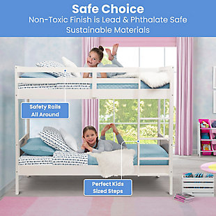 This Convertible Twin Over Twin Wood Bunk Bed with Ladder and Guardrails by Delta Children is the perfect solution for shared or small spaces. Beautifully made and incredibly versatile, this bunk bed provides the flexibility to convert into two separate twin beds. The bed's classic design ensures it coordinates with any décor, and it's constructed from made-to-last materials to ensure safety, stability and longevity. The top bunk features a 14-inch guardrail all around to keep your little one safe throughout the night. Pair this bunk bed with coordinating tents by Delta Children to complete your bedroom (tents sold separately). Assembly required. 250-pound weight capacity per bed (500 pounds total). The Consumer Product Safety Commission recommends that top bunks not be used for children under 6 years of age. Mattresses not included. Bunk bed mattress should not exceed 8 inches in thickness. Delta Children was founded around the idea of making safe, high-quality children's furniture affordable for all families. They know there's nothing more important than safety when it comes to your child's space. That's why all Delta Children products are built with long-lasting materials to ensure they stand up to years of jumping and playing. Plus, they are rigorously tested to meet or exceed all industry safety standards.SPACE SAVER: This bunk bed makes the most out of your kid's space. Assembled dimensions: 77.6"L x 41.5"W x 64.2"H. As individual twin beds, beds measure 77.6"L x 41.5"W x 27.75"H and 26"H | CONVERTS INTO 2 SEPARATE BEDS: This convertible bunk bed can easily be separated into 2 free-standing twin size beds. The flexible design of these beds ensures longevity for years of use. Please note, this bunk bed arrives in multiple boxes | SAFE AND SECURE: Top bunk features 14"H safety rails all around, and is equipped with a sturdy 4 step ladder for easy access. Bunk bed mattress should not exceed 8 inches in thickness. 250 lb. weight capacity per bed (500 lb. total) | DURABLE CONSTRUCTION: Made of sustainable Rubberwood and TSCA compliant engineered wood. Sturdy construction withstands years of climbing and use. We use a non-toxic multi-step painting process that is lead and phthalate safe | COMPLETE YOUR CHILD'S BEDROOM: Add our coordinating character or patterned tents to create a fun and creative space for your children (tents sold separately)