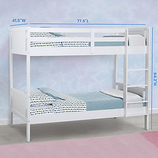 This Convertible Twin Over Twin Wood Bunk Bed with Ladder and Guardrails by Delta Children is the perfect solution for shared or small spaces. Beautifully made and incredibly versatile, this bunk bed provides the flexibility to convert into two separate twin beds. The bed's classic design ensures it coordinates with any décor, and it's constructed from made-to-last materials to ensure safety, stability and longevity. The top bunk features a 14-inch guardrail all around to keep your little one safe throughout the night. Pair this bunk bed with coordinating tents by Delta Children to complete your bedroom (tents sold separately). Assembly required. 250-pound weight capacity per bed (500 pounds total). The Consumer Product Safety Commission recommends that top bunks not be used for children under 6 years of age. Mattresses not included. Bunk bed mattress should not exceed 8 inches in thickness. Delta Children was founded around the idea of making safe, high-quality children's furniture affordable for all families. They know there's nothing more important than safety when it comes to your child's space. That's why all Delta Children products are built with long-lasting materials to ensure they stand up to years of jumping and playing. Plus, they are rigorously tested to meet or exceed all industry safety standards.SPACE SAVER: This bunk bed makes the most out of your kid's space. Assembled dimensions: 77.6"L x 41.5"W x 64.2"H. As individual twin beds, beds measure 77.6"L x 41.5"W x 27.75"H and 26"H | CONVERTS INTO 2 SEPARATE BEDS: This convertible bunk bed can easily be separated into 2 free-standing twin size beds. The flexible design of these beds ensures longevity for years of use. Please note, this bunk bed arrives in multiple boxes | SAFE AND SECURE: Top bunk features 14"H safety rails all around, and is equipped with a sturdy 4 step ladder for easy access. Bunk bed mattress should not exceed 8 inches in thickness. 250 lb. weight capacity per bed (500 lb. total) | DURABLE CONSTRUCTION: Made of sustainable Rubberwood and TSCA compliant engineered wood. Sturdy construction withstands years of climbing and use. We use a non-toxic multi-step painting process that is lead and phthalate safe | COMPLETE YOUR CHILD'S BEDROOM: Add our coordinating character or patterned tents to create a fun and creative space for your children (tents sold separately)