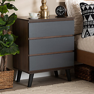 Baxton Studio Roldan Modern and Contemporary Two-Tone Walnut and Grey Finished Wood 3-Drawer Bedroom Chest, , rollover