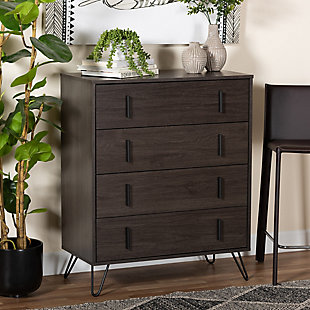 Baxton Studio Baldor Modern and Contemporary Dark Brown Finished Wood and Black Metal 4-Drawer Bedroom Chest, , rollover