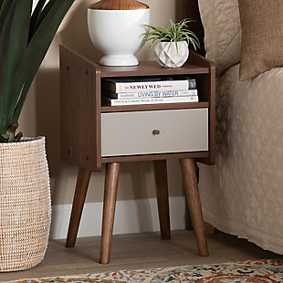 Baxton Studio Elario Mid-Century Modern Two-Tone Grey and Walnut Brown Finished Wood 1-Drawer Nightstand, , rollover